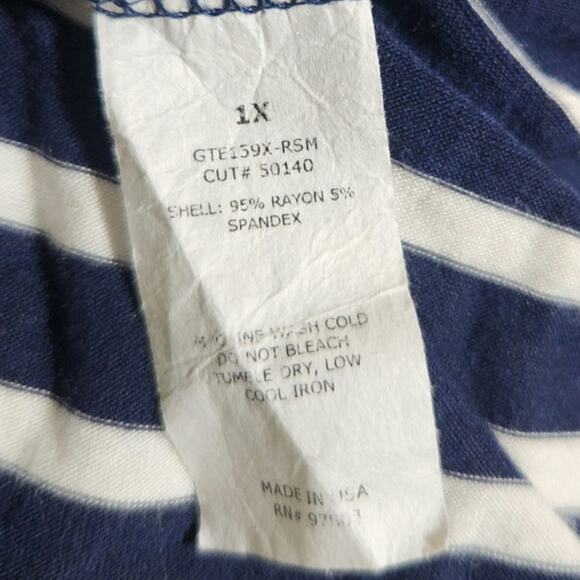 Green Envelope $55 1X Navy White Stripe Ruffle Cuff Stretch Knit Tunic Top - Picture 6 of 8